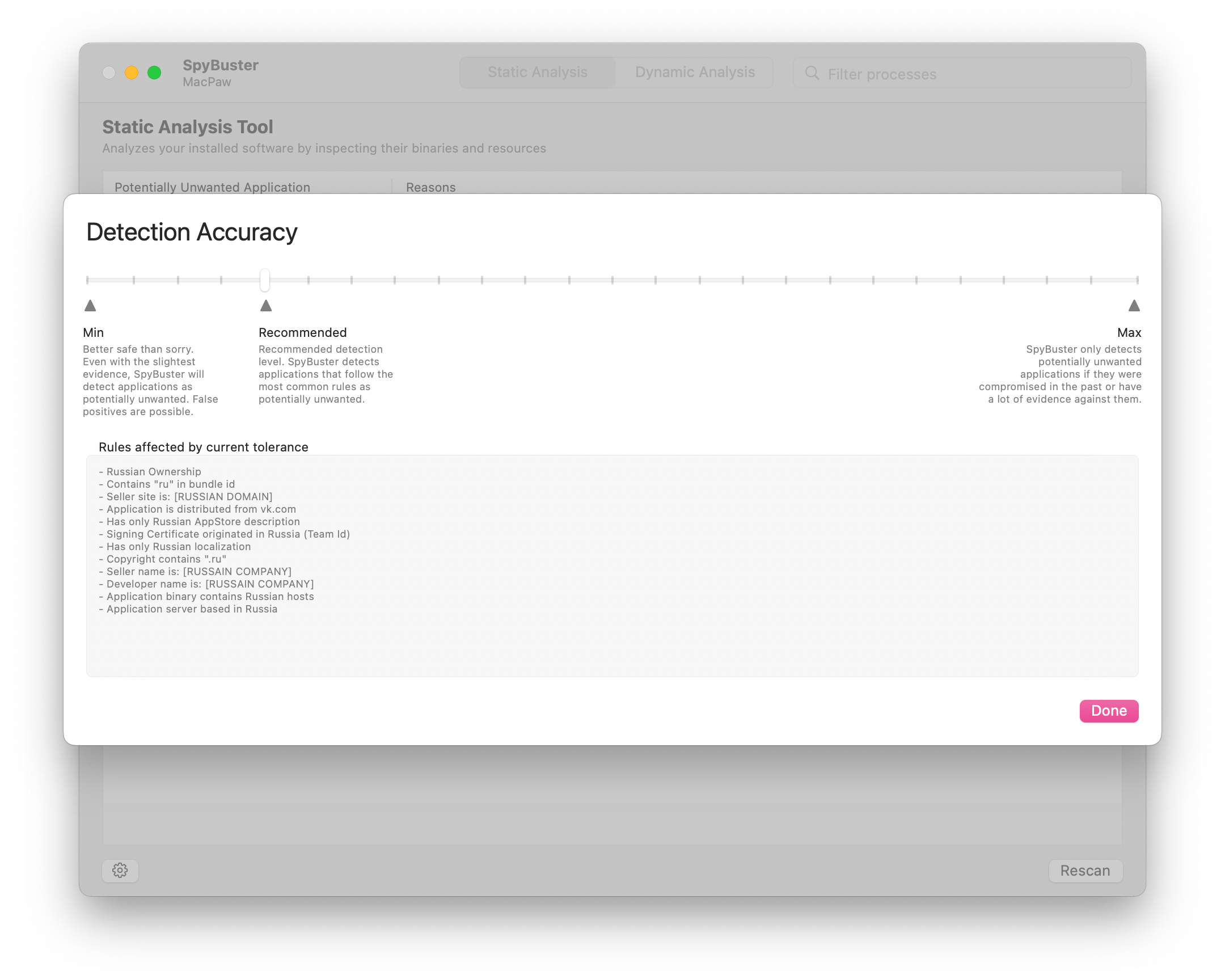 SpyBuster Detection Threshold Preferences Screen