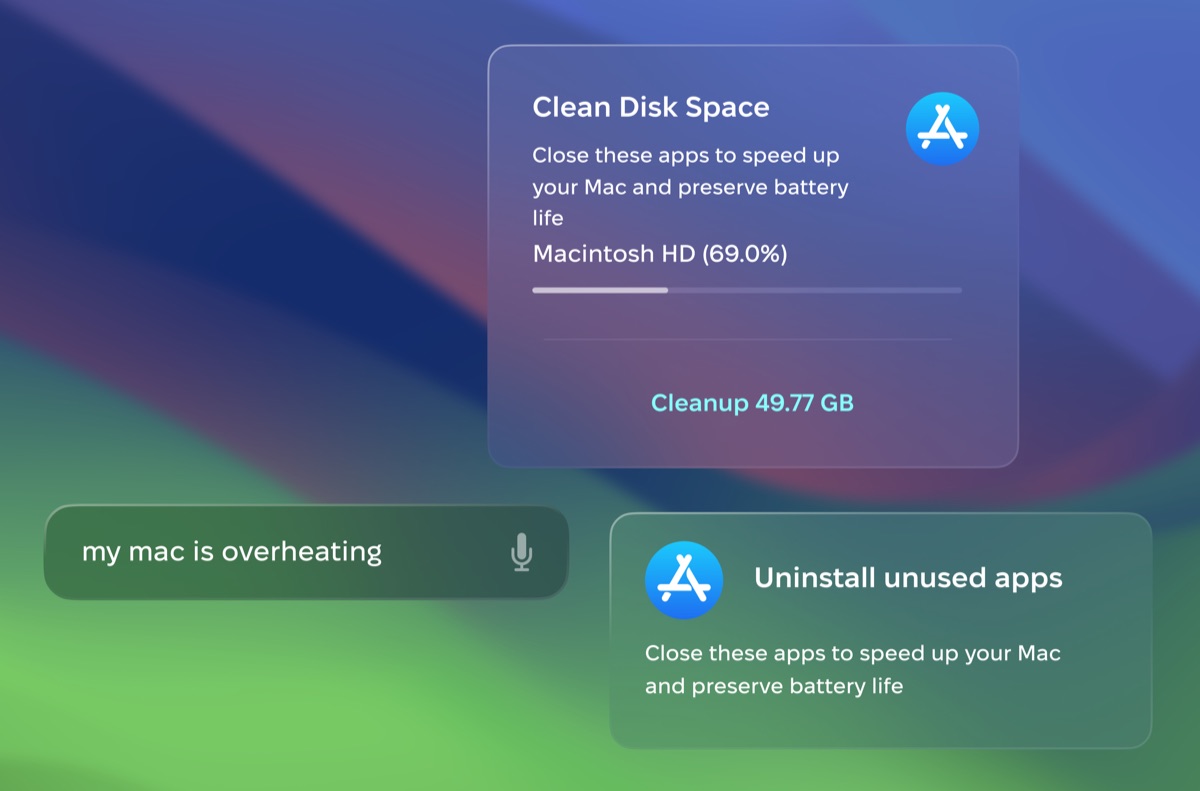 Infinite Interface prototype: a single input field reading 'my mac is overheating' with suggestion cards - Clean Disk Space and Uninstall unused apps