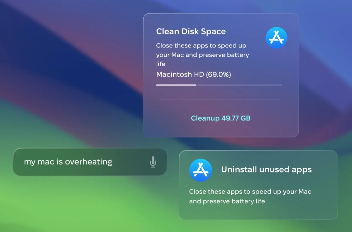 Infinite Interface prototype: a single input field reading 'my mac is overheating' with suggestion cards - Clean Disk Space and Uninstall unused apps